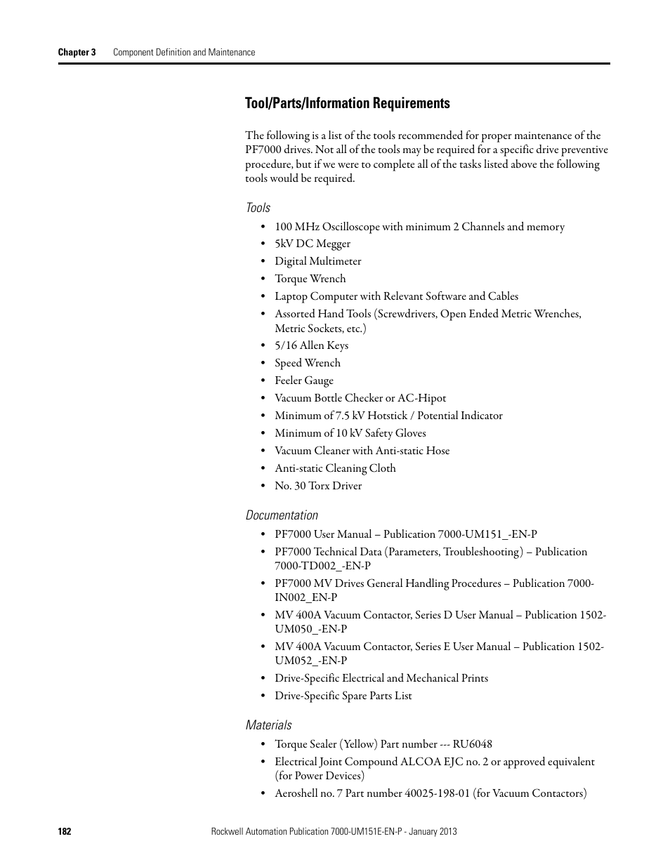 Tool/parts/information requirements, Tools, Documentation | Materials | Rockwell Automation 7000 PowerFlex Medium Voltage AC Drive (B Frame) - ForGe Control (PanelView 550) User Manual | Page 182 / 290