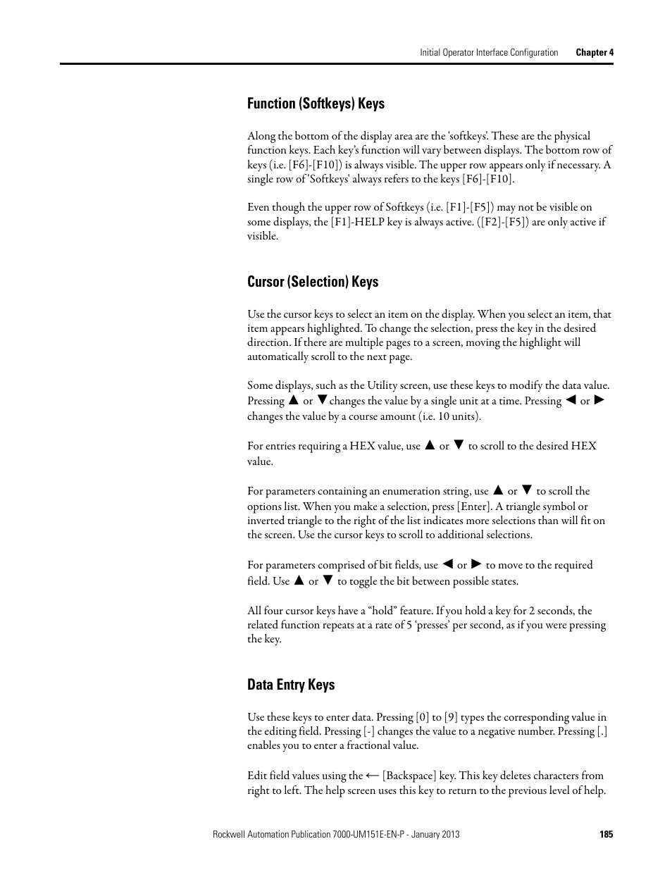 Function (softkeys) keys, Cursor (selection) keys, Data entry keys | Rockwell Automation 7000 PowerFlex Medium Voltage AC Drive (B Frame) - ForGe Control (PanelView 550) User Manual | Page 185 / 290