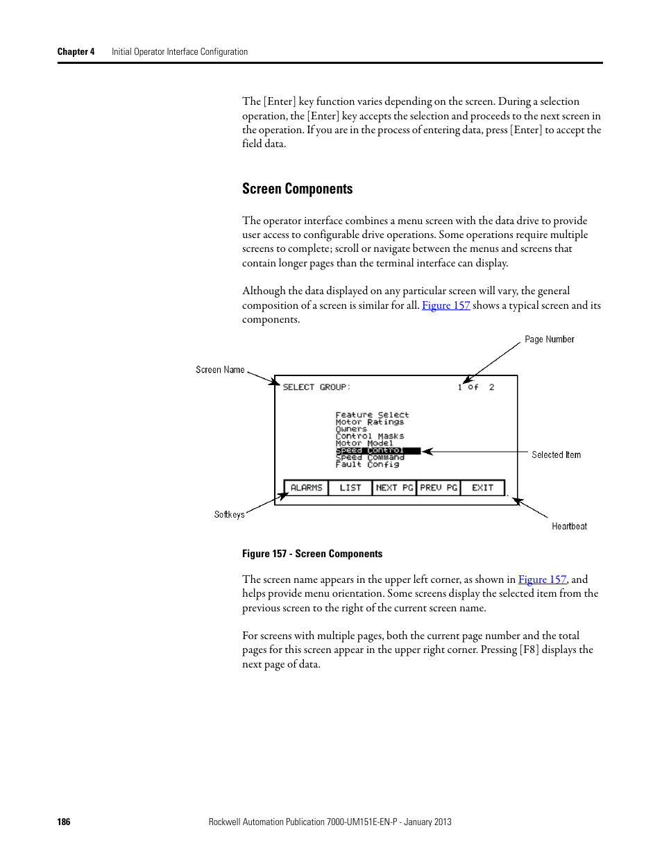 Screen components | Rockwell Automation 7000 PowerFlex Medium Voltage AC Drive (B Frame) - ForGe Control (PanelView 550) User Manual | Page 186 / 290