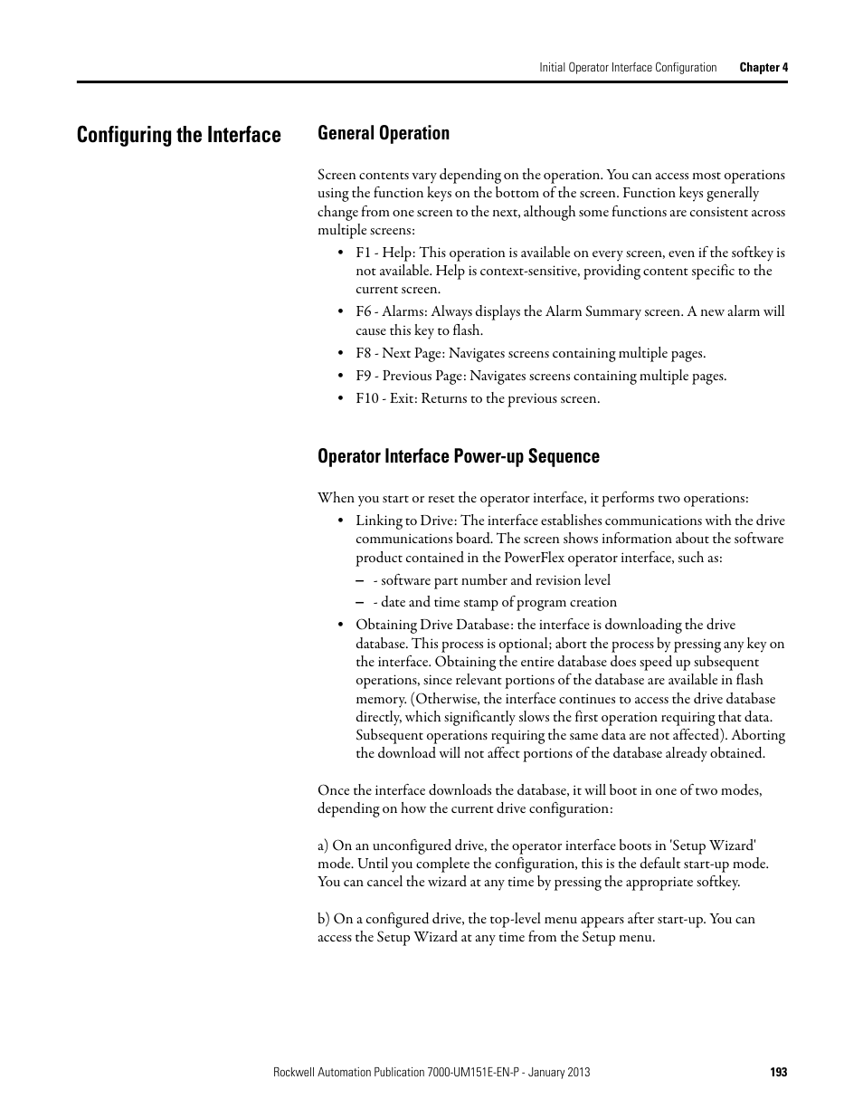 Configuring the interface, General operation, Operator interface power-up sequence | Rockwell Automation 7000 PowerFlex Medium Voltage AC Drive (B Frame) - ForGe Control (PanelView 550) User Manual | Page 193 / 290