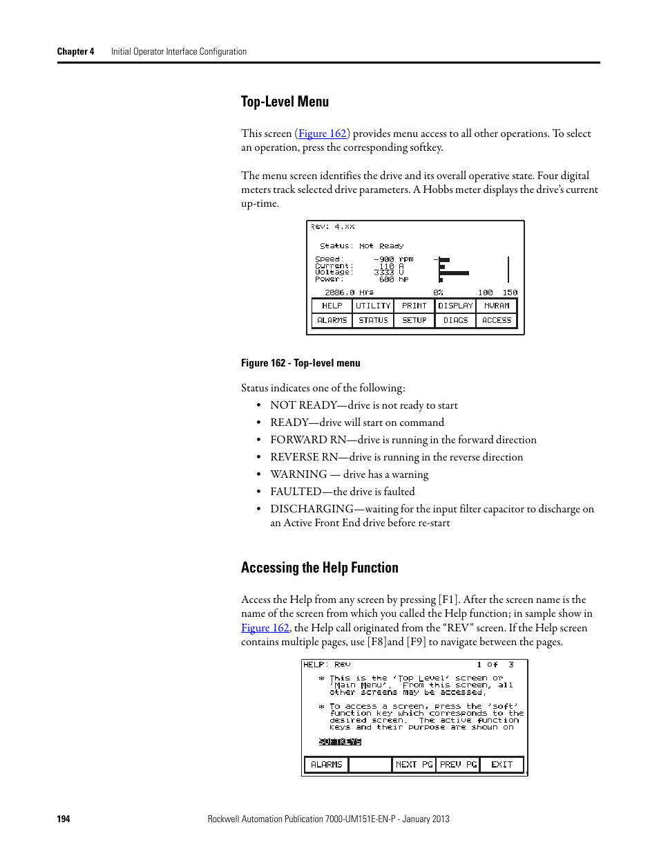 Top-level menu, Accessing the help function, Top-level menu accessing the help function | Rockwell Automation 7000 PowerFlex Medium Voltage AC Drive (B Frame) - ForGe Control (PanelView 550) User Manual | Page 194 / 290