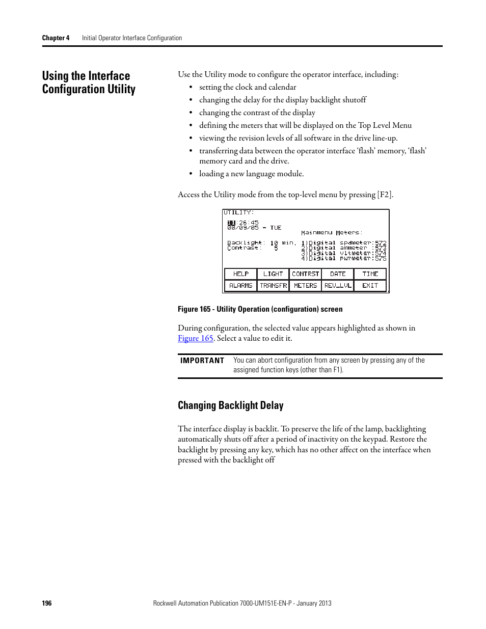 Using the interface configuration utility, Changing backlight delay | Rockwell Automation 7000 PowerFlex Medium Voltage AC Drive (B Frame) - ForGe Control (PanelView 550) User Manual | Page 196 / 290