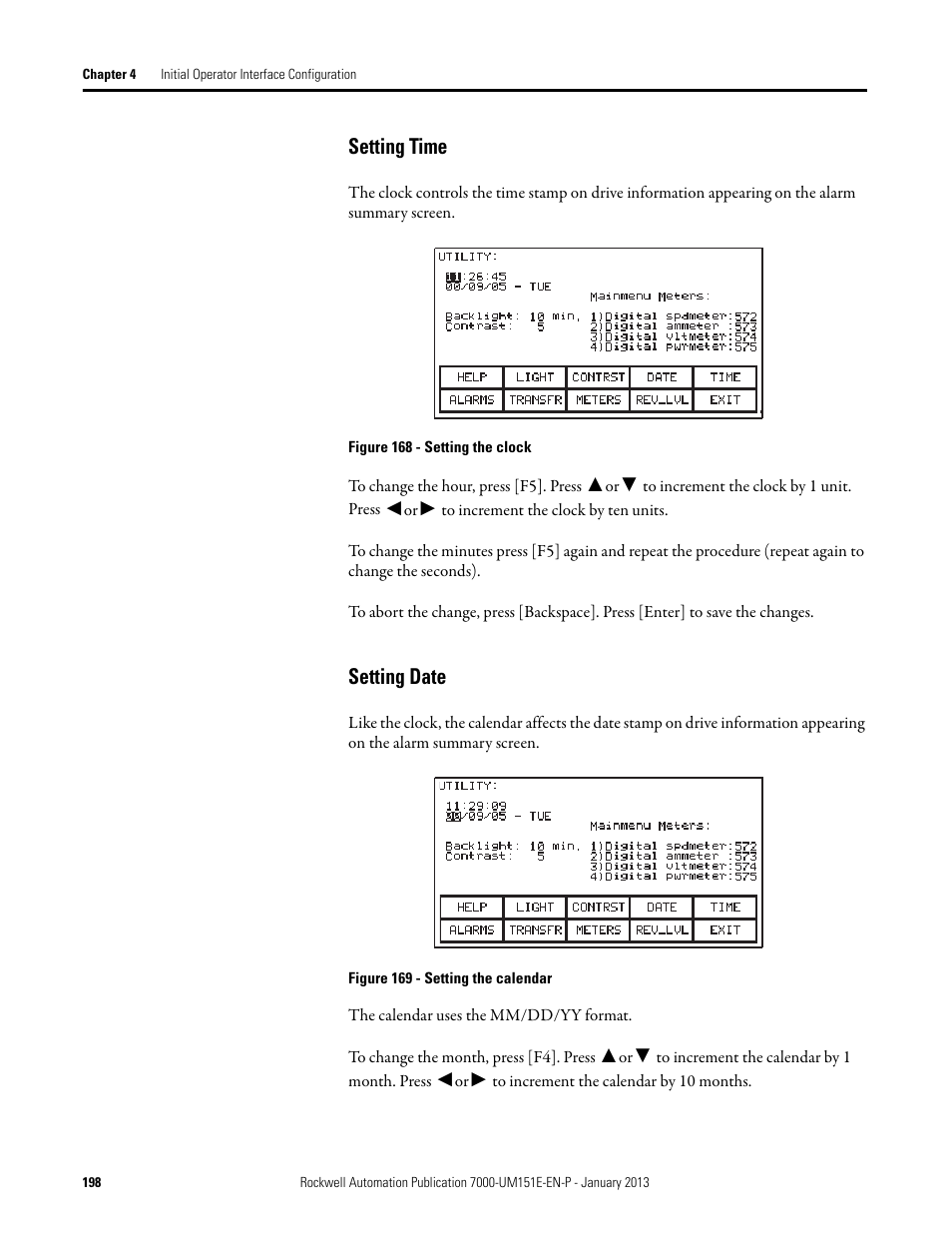 Setting time, Setting date, Setting time setting date | Rockwell Automation 7000 PowerFlex Medium Voltage AC Drive (B Frame) - ForGe Control (PanelView 550) User Manual | Page 198 / 290