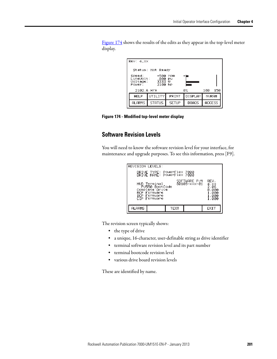 Software revision levels | Rockwell Automation 7000 PowerFlex Medium Voltage AC Drive (B Frame) - ForGe Control (PanelView 550) User Manual | Page 201 / 290