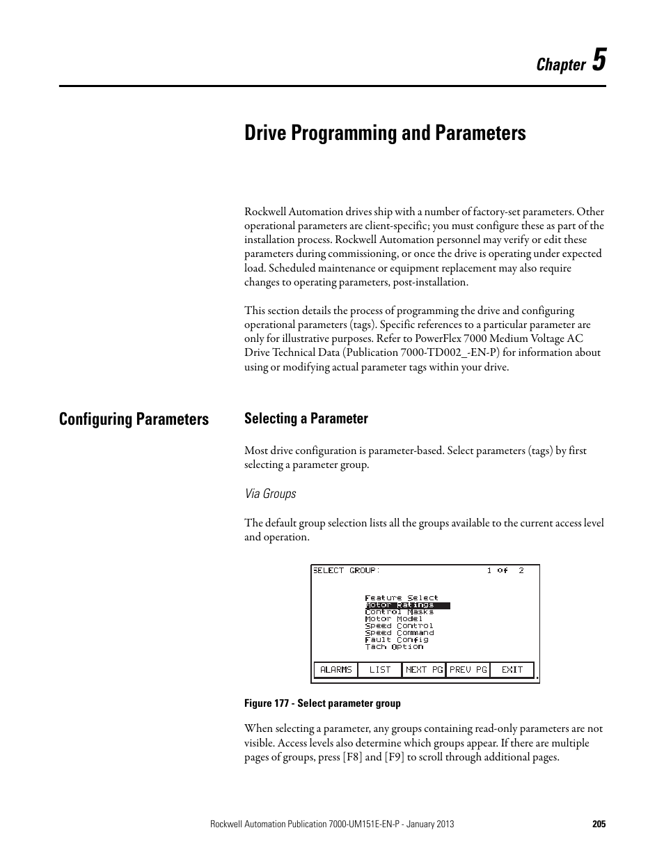 Chapter 5 - drive programming and parameters, Configuring parameters, Selecting a parameter | Via groups, Drive, Drive programming and parameters | Rockwell Automation 7000 PowerFlex Medium Voltage AC Drive (B Frame) - ForGe Control (PanelView 550) User Manual | Page 205 / 290