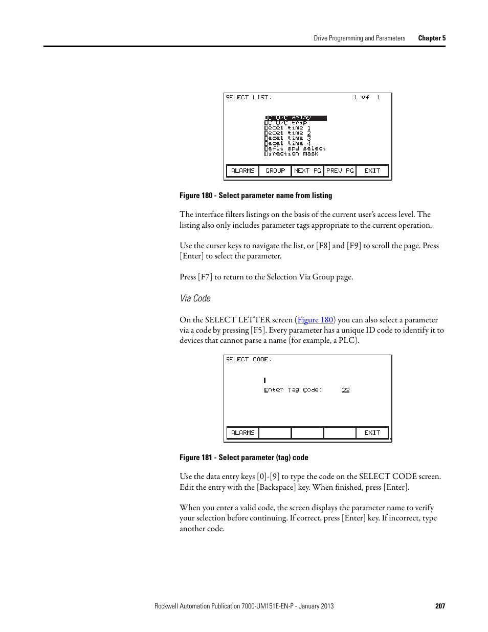 Via code | Rockwell Automation 7000 PowerFlex Medium Voltage AC Drive (B Frame) - ForGe Control (PanelView 550) User Manual | Page 207 / 290