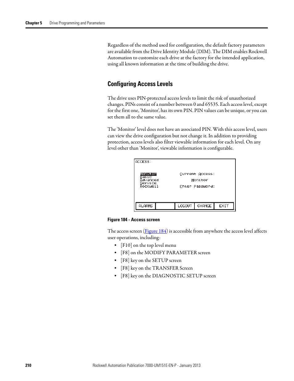 Configuring access levels, E. refer to, Configuring access | Refer, Refer to, Configuring access levels on | Rockwell Automation 7000 PowerFlex Medium Voltage AC Drive (B Frame) - ForGe Control (PanelView 550) User Manual | Page 210 / 290