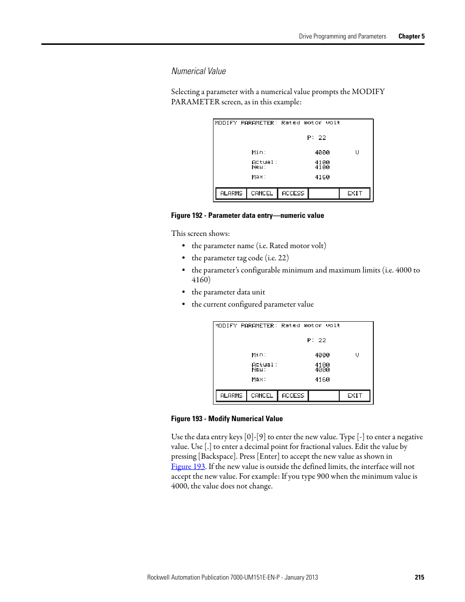 Numerical value | Rockwell Automation 7000 PowerFlex Medium Voltage AC Drive (B Frame) - ForGe Control (PanelView 550) User Manual | Page 215 / 290
