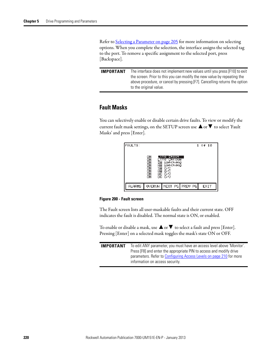 Fault masks | Rockwell Automation 7000 PowerFlex Medium Voltage AC Drive (B Frame) - ForGe Control (PanelView 550) User Manual | Page 220 / 290