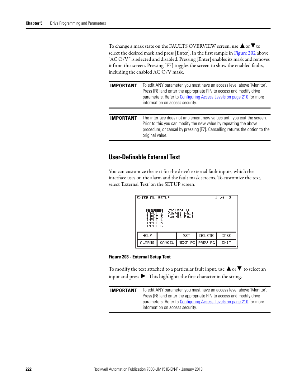 User-definable external text | Rockwell Automation 7000 PowerFlex Medium Voltage AC Drive (B Frame) - ForGe Control (PanelView 550) User Manual | Page 222 / 290