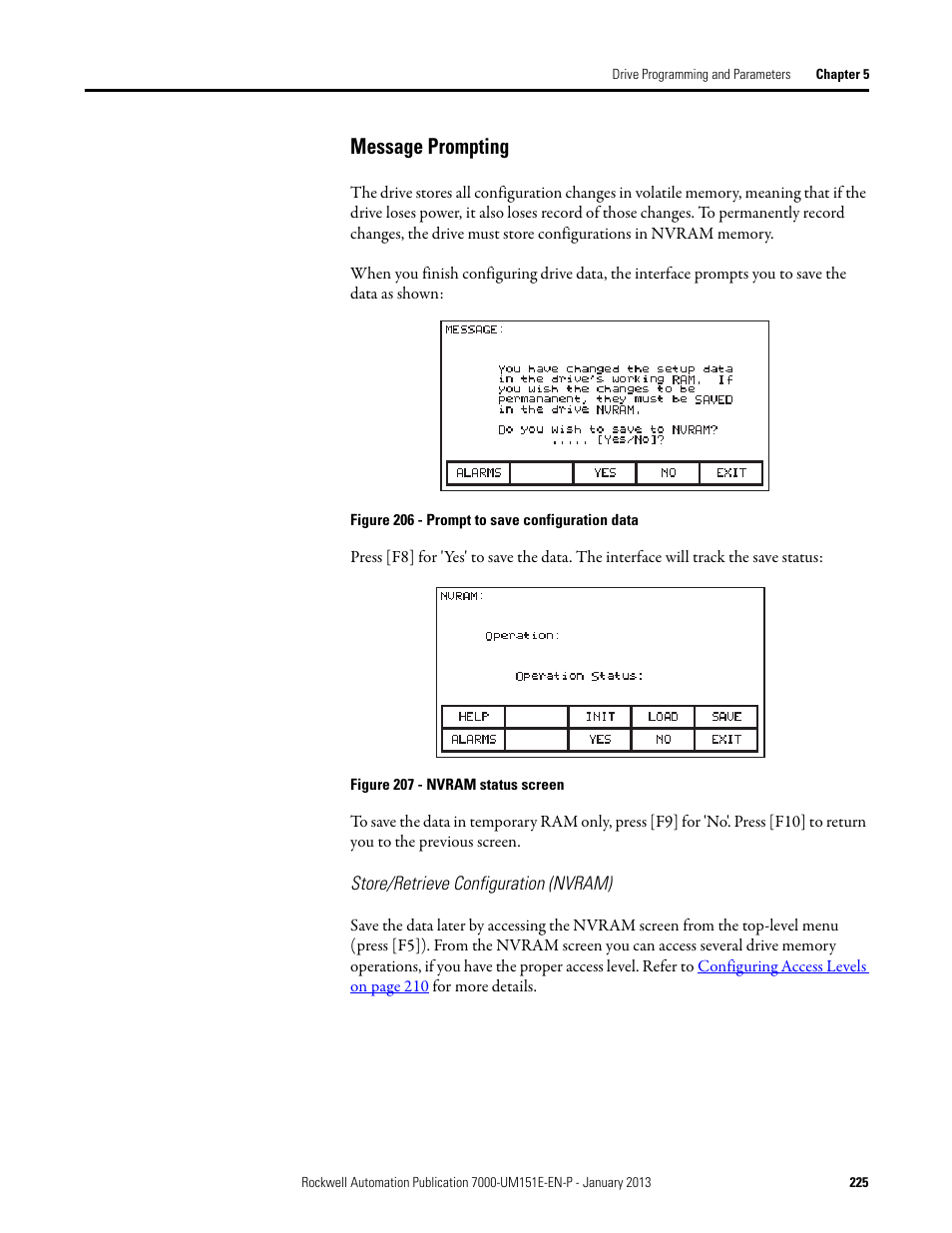 Message prompting, Store/retrieve configuration (nvram) | Rockwell Automation 7000 PowerFlex Medium Voltage AC Drive (B Frame) - ForGe Control (PanelView 550) User Manual | Page 225 / 290