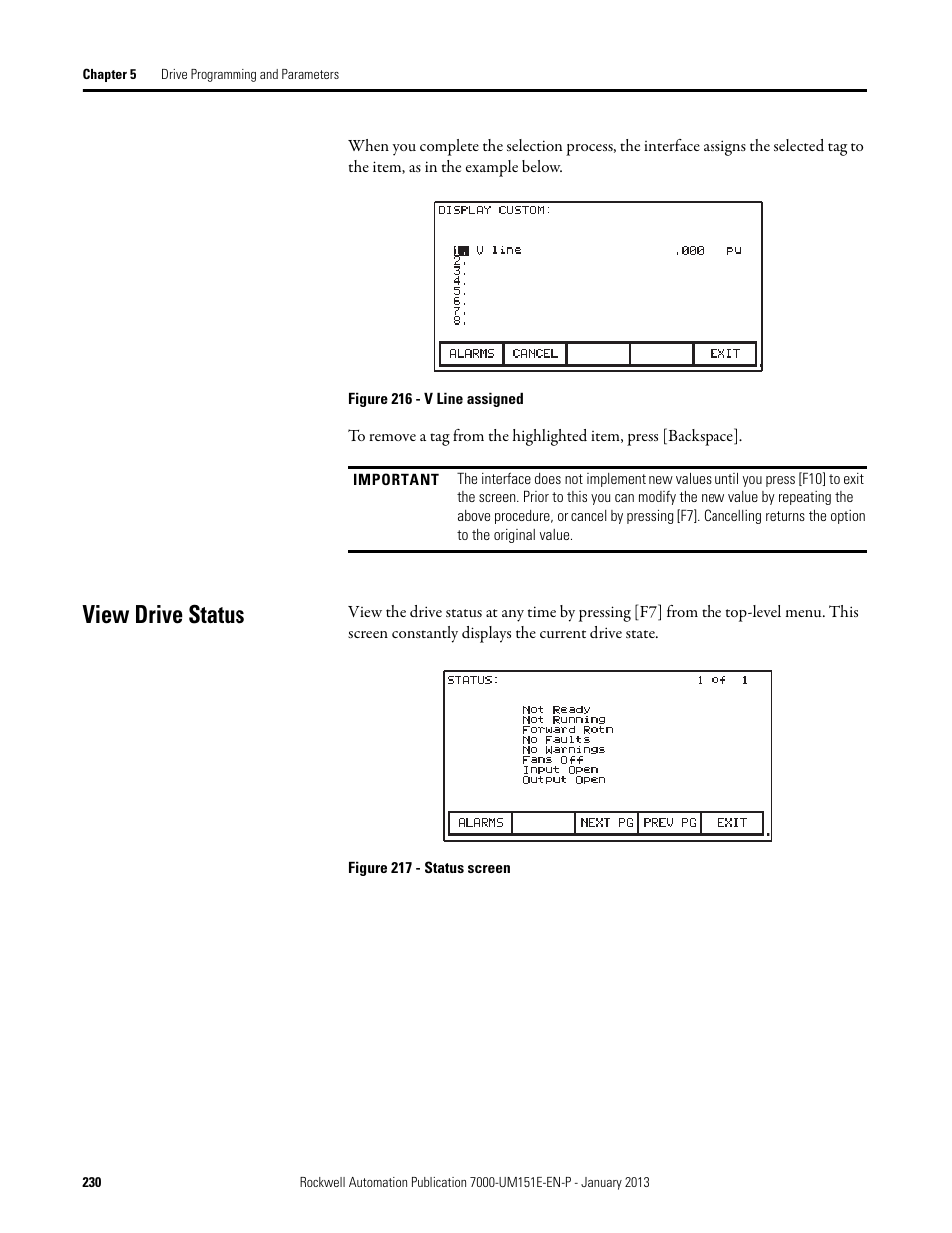 View drive status | Rockwell Automation 7000 PowerFlex Medium Voltage AC Drive (B Frame) - ForGe Control (PanelView 550) User Manual | Page 230 / 290