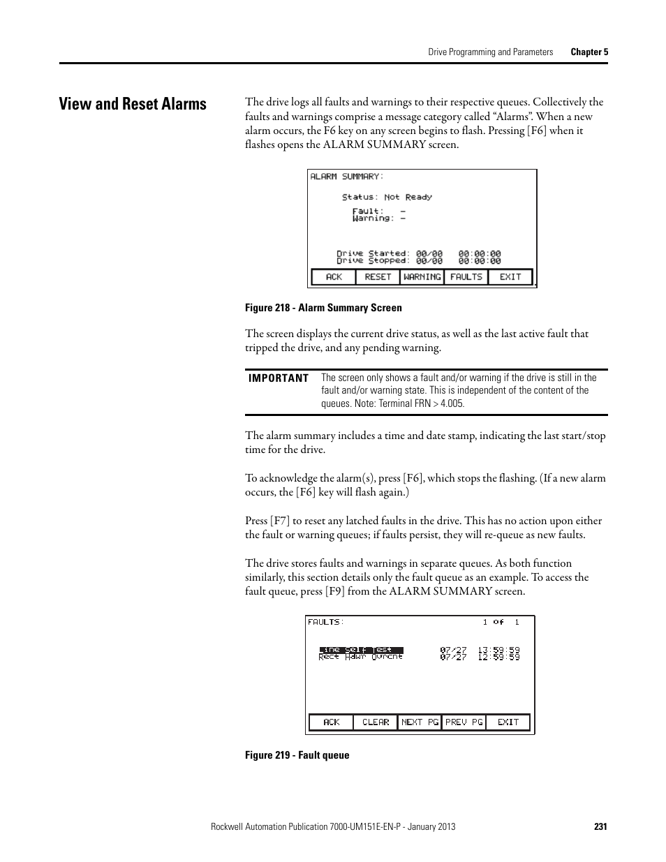 View and reset alarms | Rockwell Automation 7000 PowerFlex Medium Voltage AC Drive (B Frame) - ForGe Control (PanelView 550) User Manual | Page 231 / 290