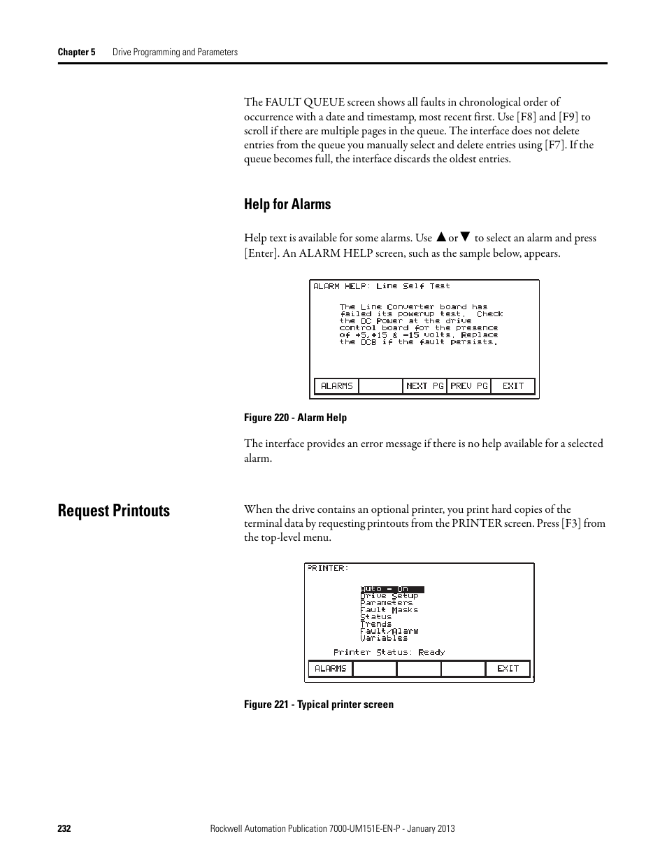 Help for alarms, Request printouts | Rockwell Automation 7000 PowerFlex Medium Voltage AC Drive (B Frame) - ForGe Control (PanelView 550) User Manual | Page 232 / 290