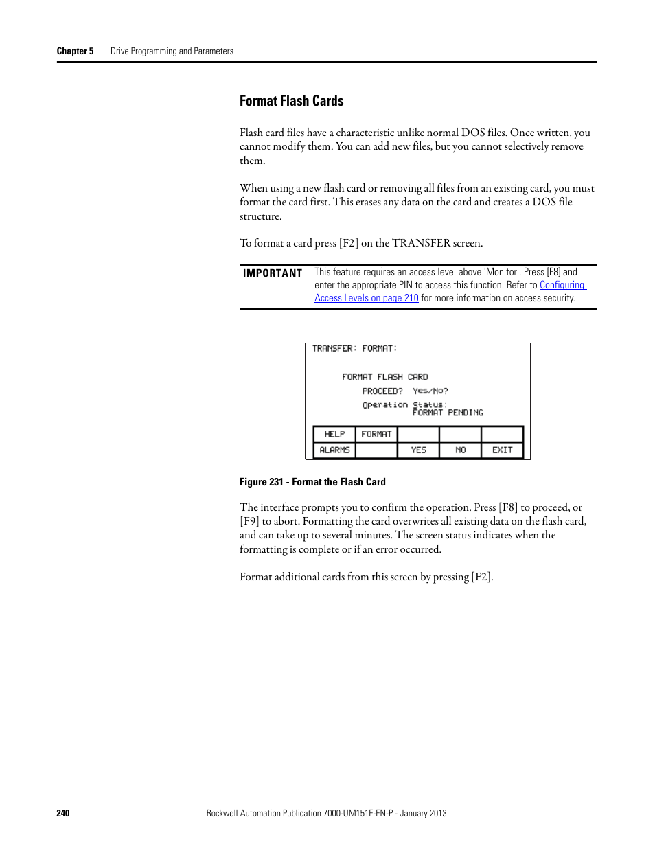 Format flash cards | Rockwell Automation 7000 PowerFlex Medium Voltage AC Drive (B Frame) - ForGe Control (PanelView 550) User Manual | Page 240 / 290