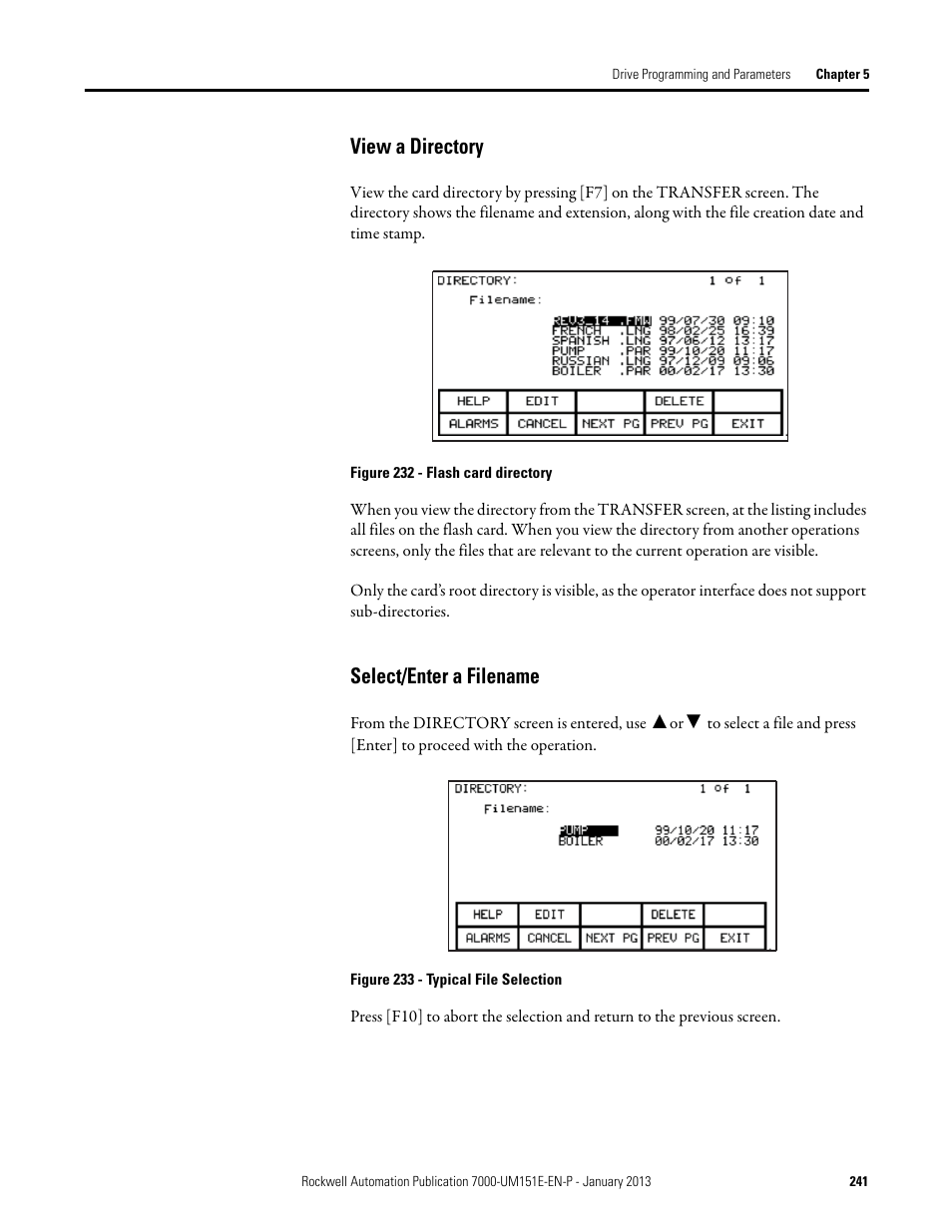 View a directory, Select/enter a filename, View a directory select/enter a filename | Rockwell Automation 7000 PowerFlex Medium Voltage AC Drive (B Frame) - ForGe Control (PanelView 550) User Manual | Page 241 / 290