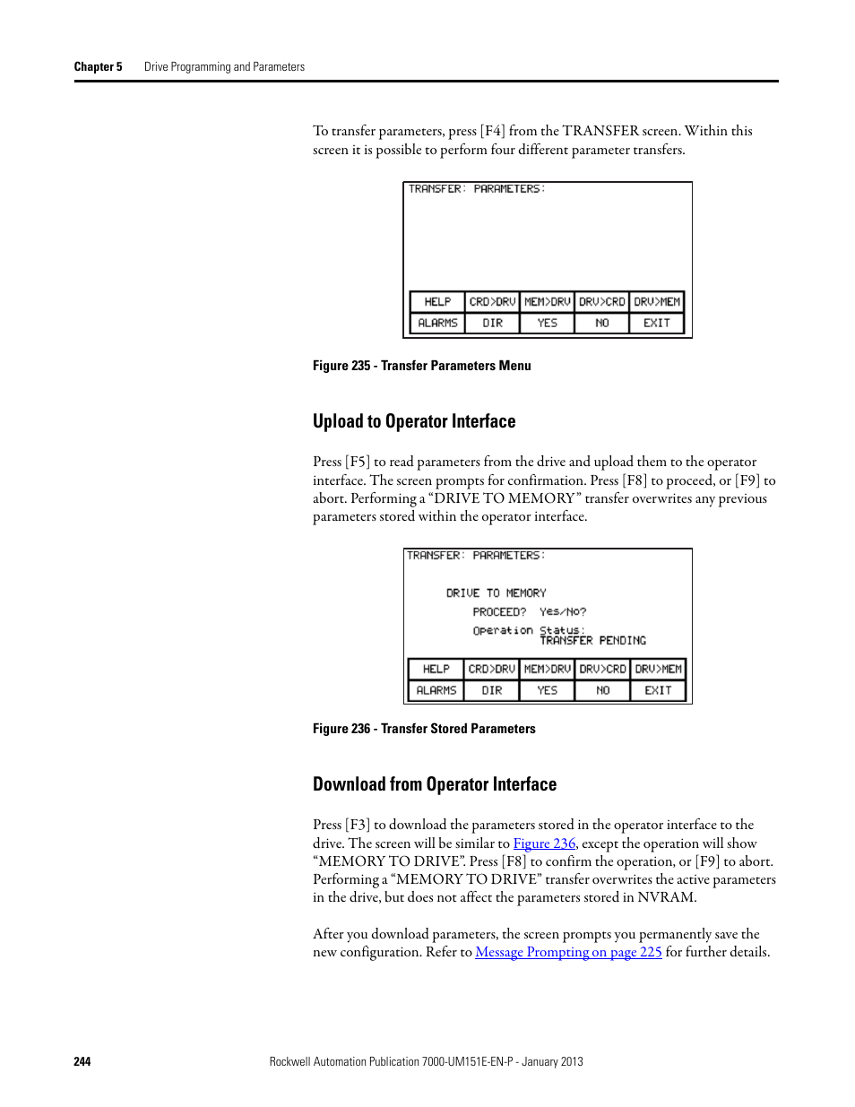 Upload to operator interface, Download from operator interface | Rockwell Automation 7000 PowerFlex Medium Voltage AC Drive (B Frame) - ForGe Control (PanelView 550) User Manual | Page 244 / 290