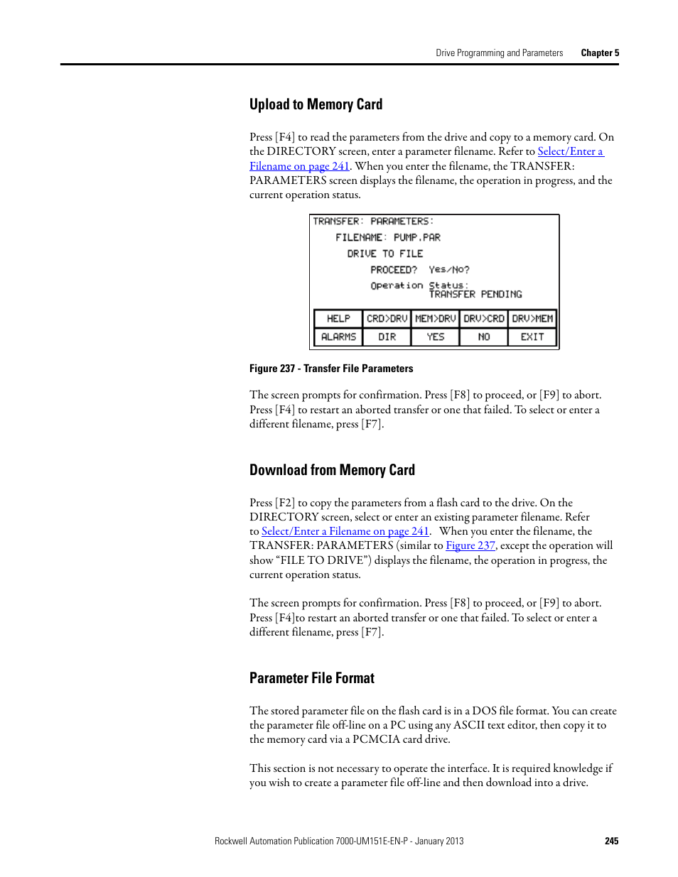 Upload to memory card, Download from memory card, Parameter file format | Rockwell Automation 7000 PowerFlex Medium Voltage AC Drive (B Frame) - ForGe Control (PanelView 550) User Manual | Page 245 / 290