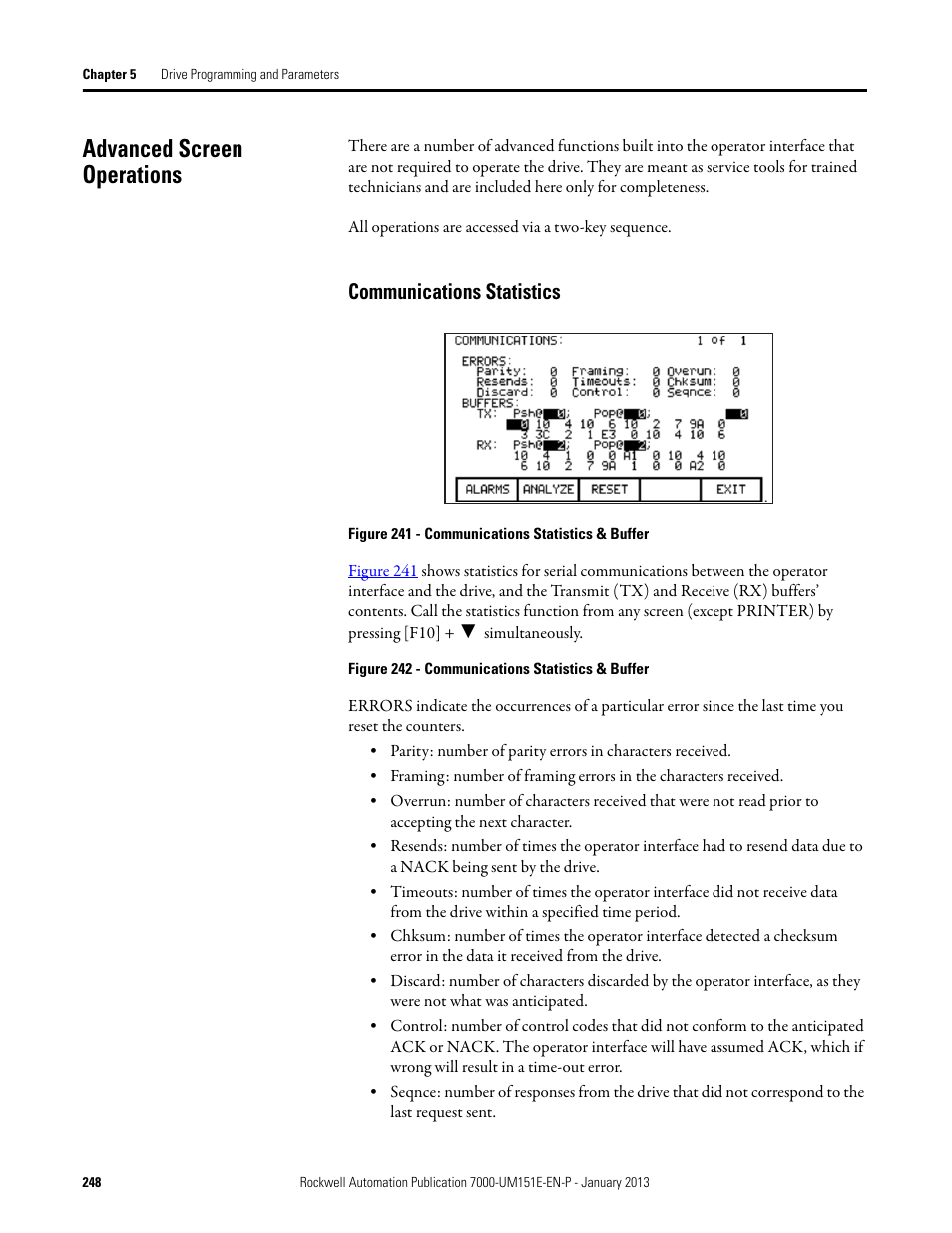 Advanced screen operations, Communications statistics | Rockwell Automation 7000 PowerFlex Medium Voltage AC Drive (B Frame) - ForGe Control (PanelView 550) User Manual | Page 248 / 290