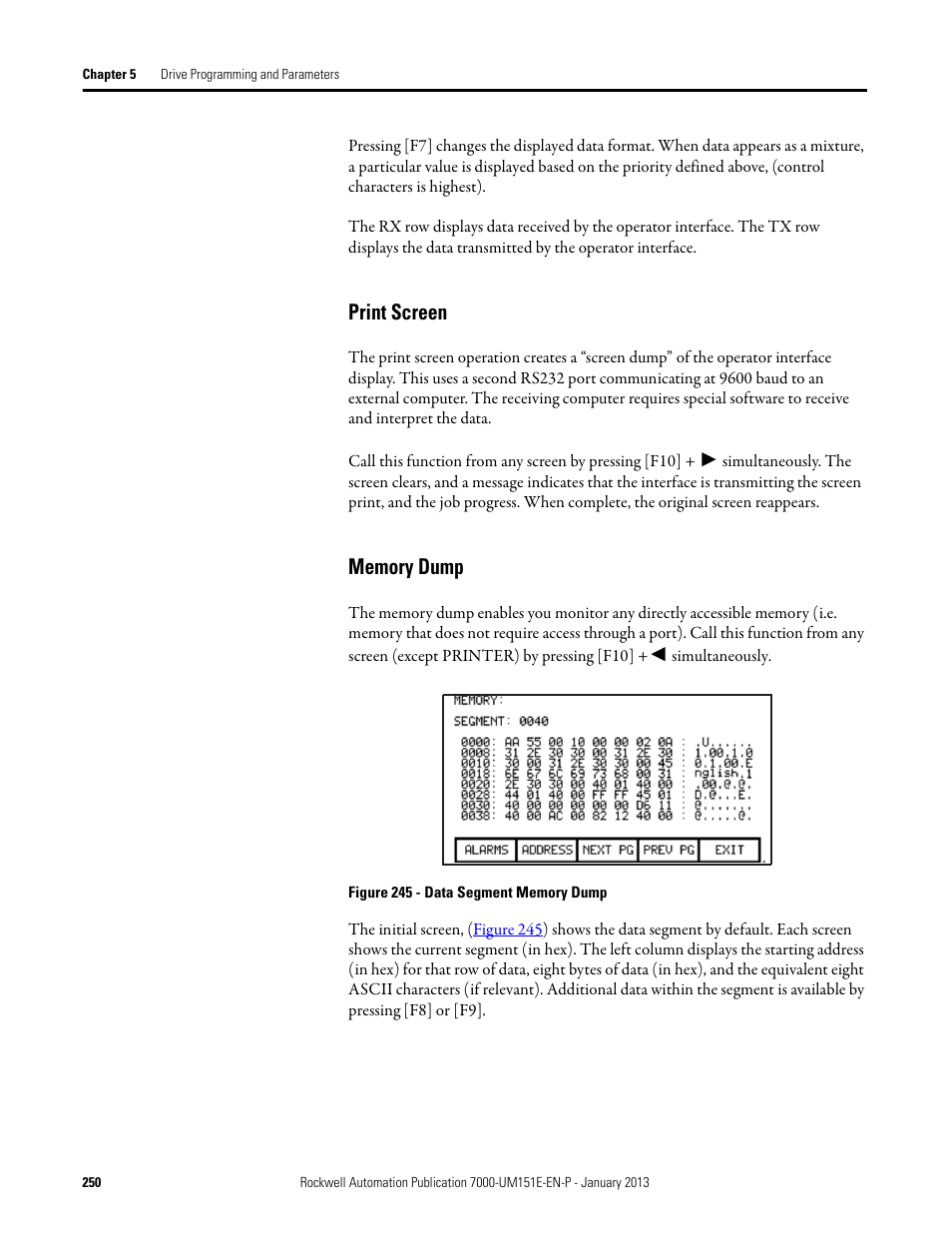 Print screen, Memory dump, Print screen memory dump | Rockwell Automation 7000 PowerFlex Medium Voltage AC Drive (B Frame) - ForGe Control (PanelView 550) User Manual | Page 250 / 290