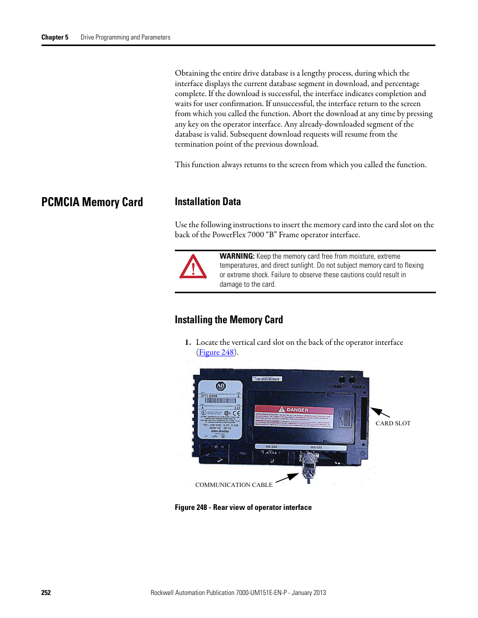 Pcmcia memory card, Installation data, Installing the memory card | Installation data installing the memory card | Rockwell Automation 7000 PowerFlex Medium Voltage AC Drive (B Frame) - ForGe Control (PanelView 550) User Manual | Page 252 / 290