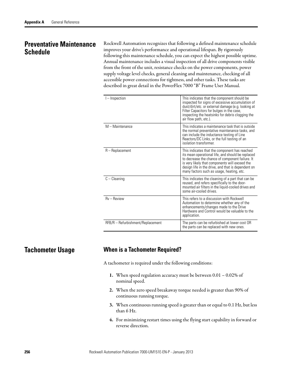 Preventative maintenance schedule, Tachometer usage, When is a tachometer required | Preventative maintenance schedule tachometer usage | Rockwell Automation 7000 PowerFlex Medium Voltage AC Drive (B Frame) - ForGe Control (PanelView 550) User Manual | Page 256 / 290