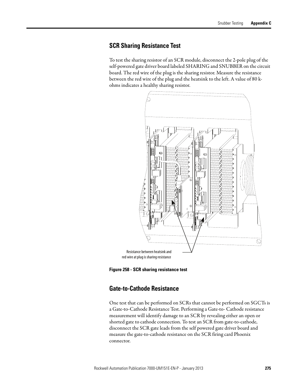 Scr sharing resistance test, Gate-to-cathode resistance | Rockwell Automation 7000 PowerFlex Medium Voltage AC Drive (B Frame) - ForGe Control (PanelView 550) User Manual | Page 275 / 290