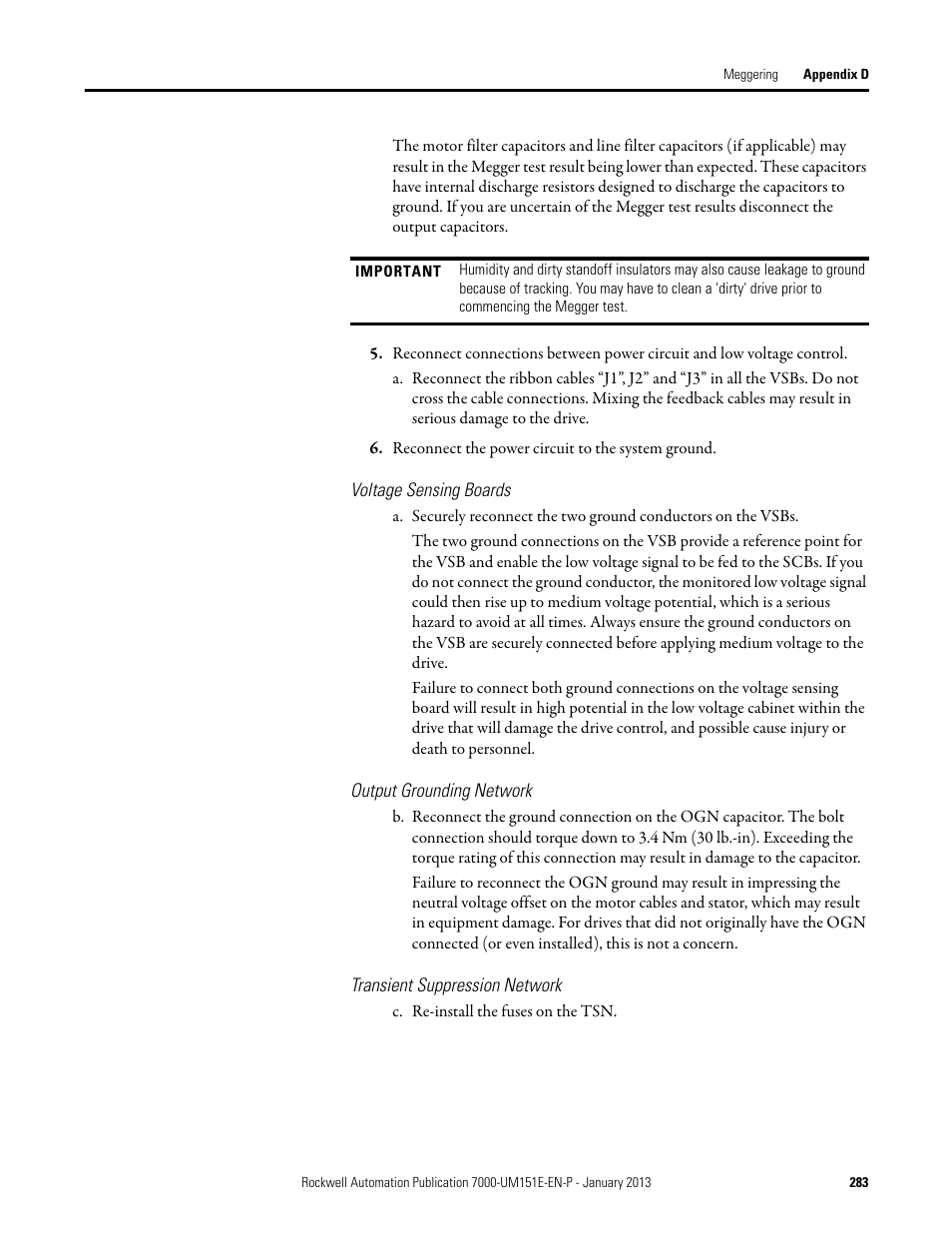 Voltage sensing boards, Output grounding network, Transient suppression network | Rockwell Automation 7000 PowerFlex Medium Voltage AC Drive (B Frame) - ForGe Control (PanelView 550) User Manual | Page 283 / 290