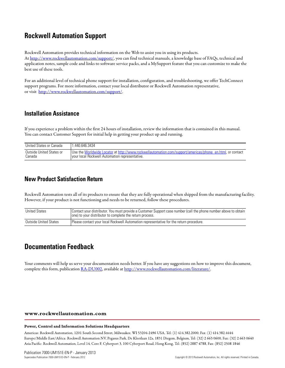 Back cover, Rockwell automation support, Documentation feedback | Installation assistance, New product satisfaction return | Rockwell Automation 7000 PowerFlex Medium Voltage AC Drive (B Frame) - ForGe Control (PanelView 550) User Manual | Page 290 / 290