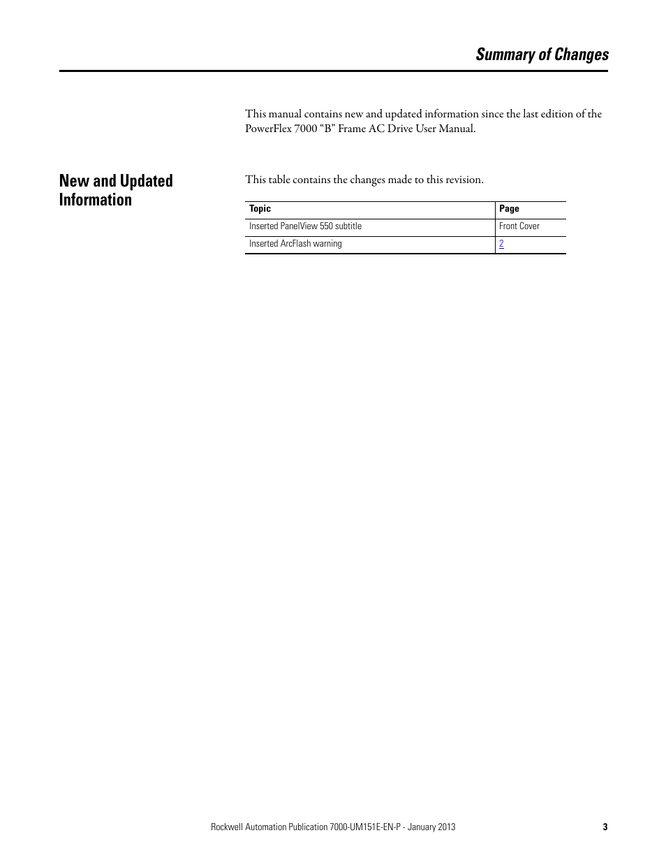 Summary of changes, New and updated information | Rockwell Automation 7000 PowerFlex Medium Voltage AC Drive (B Frame) - ForGe Control (PanelView 550) User Manual | Page 3 / 290