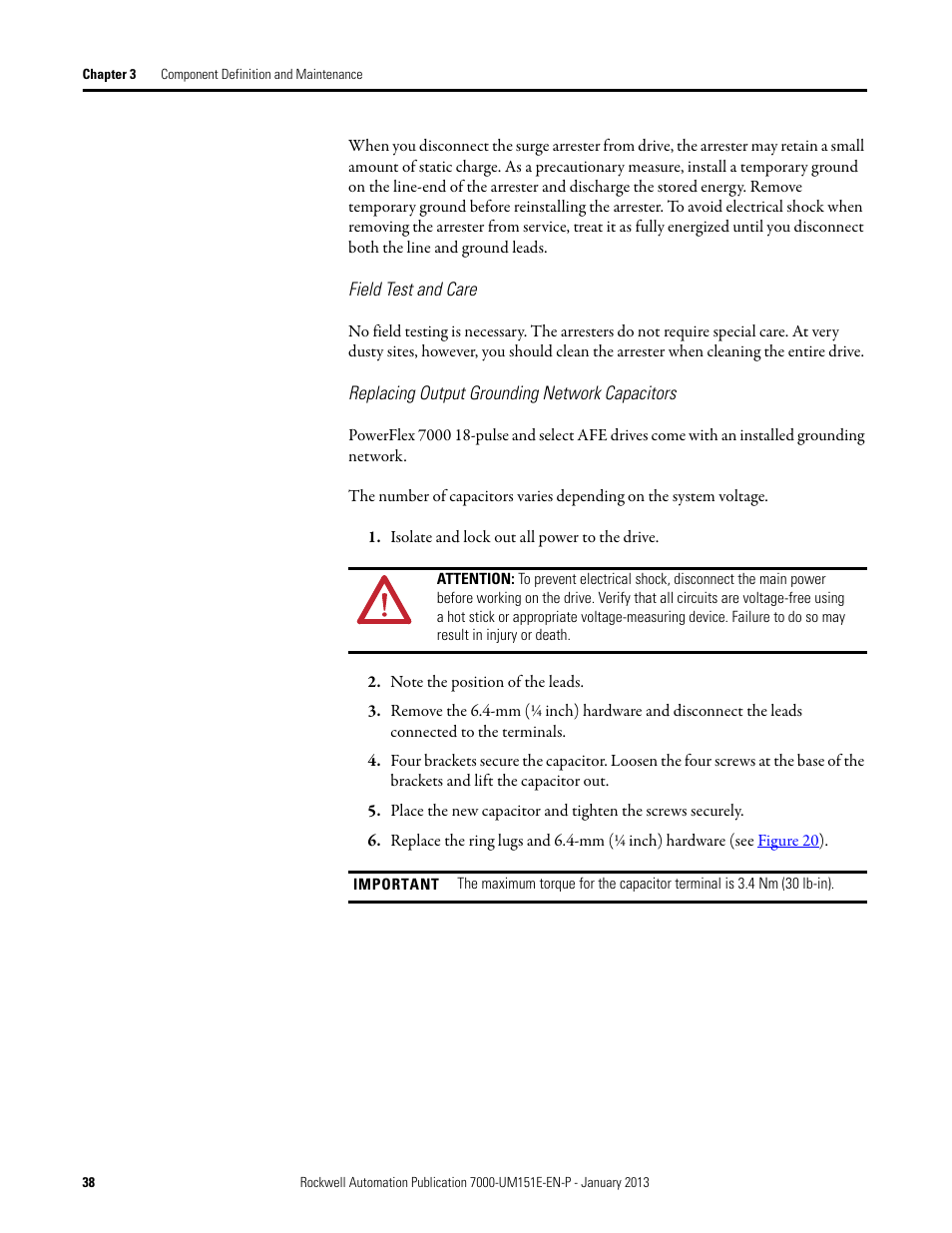 Field test and care, Replacing output grounding network capacitors | Rockwell Automation 7000 PowerFlex Medium Voltage AC Drive (B Frame) - ForGe Control (PanelView 550) User Manual | Page 38 / 290