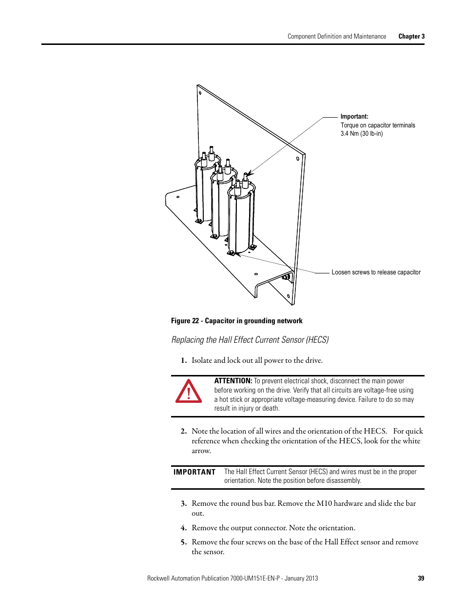 Replacing the hall effect current sensor (hecs) | Rockwell Automation 7000 PowerFlex Medium Voltage AC Drive (B Frame) - ForGe Control (PanelView 550) User Manual | Page 39 / 290