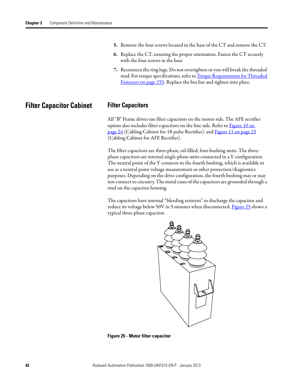 Filter capacitor cabinet, Filter capacitors | Rockwell Automation 7000 PowerFlex Medium Voltage AC Drive (B Frame) - ForGe Control (PanelView 550) User Manual | Page 42 / 290