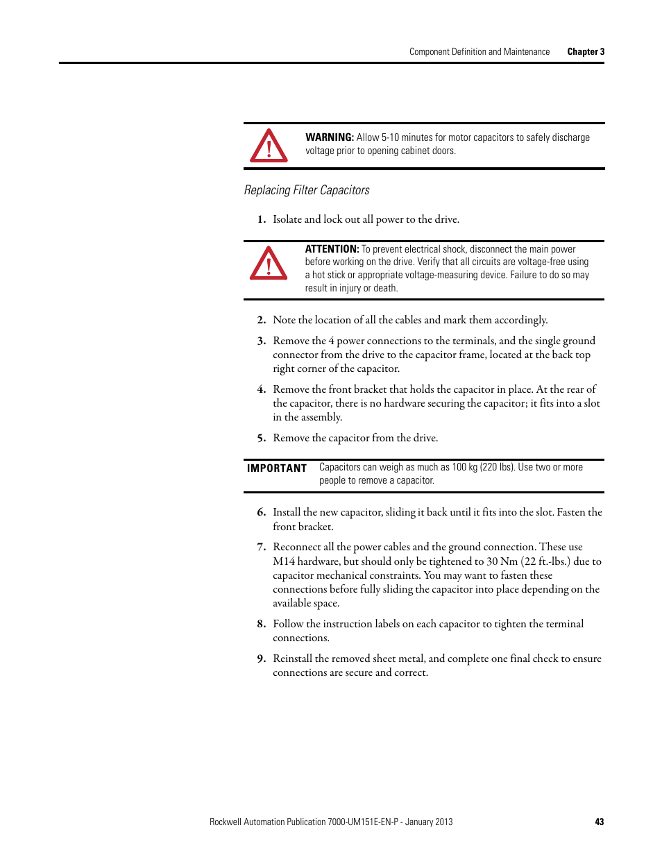 Replacing filter capacitors | Rockwell Automation 7000 PowerFlex Medium Voltage AC Drive (B Frame) - ForGe Control (PanelView 550) User Manual | Page 43 / 290