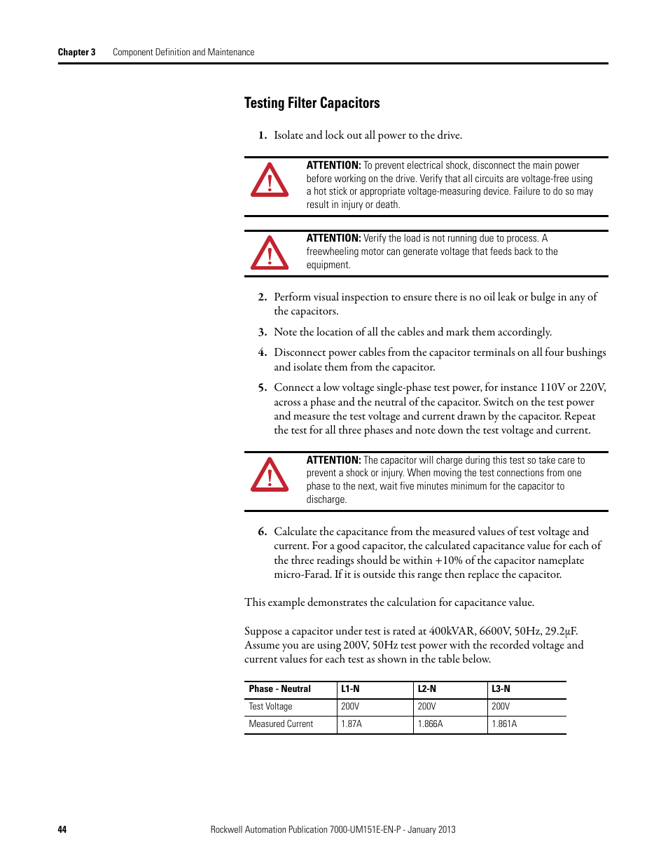 Testing filter capacitors | Rockwell Automation 7000 PowerFlex Medium Voltage AC Drive (B Frame) - ForGe Control (PanelView 550) User Manual | Page 44 / 290