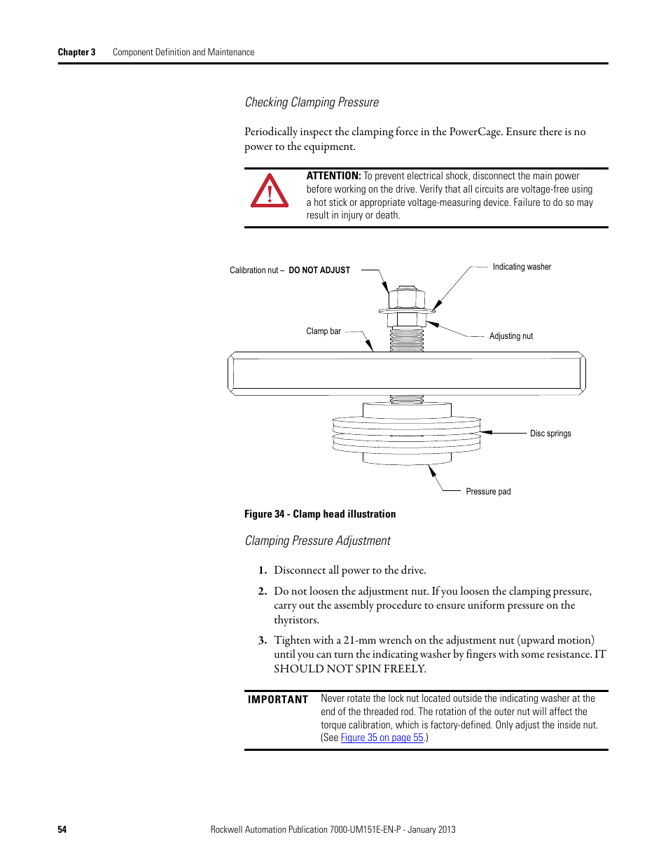 Checking clamping pressure, Clamping pressure adjustment | Rockwell Automation 7000 PowerFlex Medium Voltage AC Drive (B Frame) - ForGe Control (PanelView 550) User Manual | Page 54 / 290