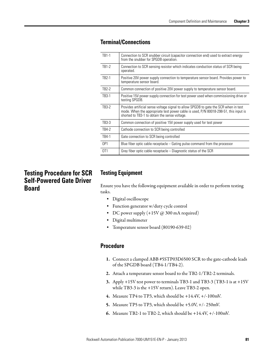 Terminal/connections, Testing equipment, Procedure | Testing equipment procedure | Rockwell Automation 7000 PowerFlex Medium Voltage AC Drive (B Frame) - ForGe Control (PanelView 550) User Manual | Page 81 / 290