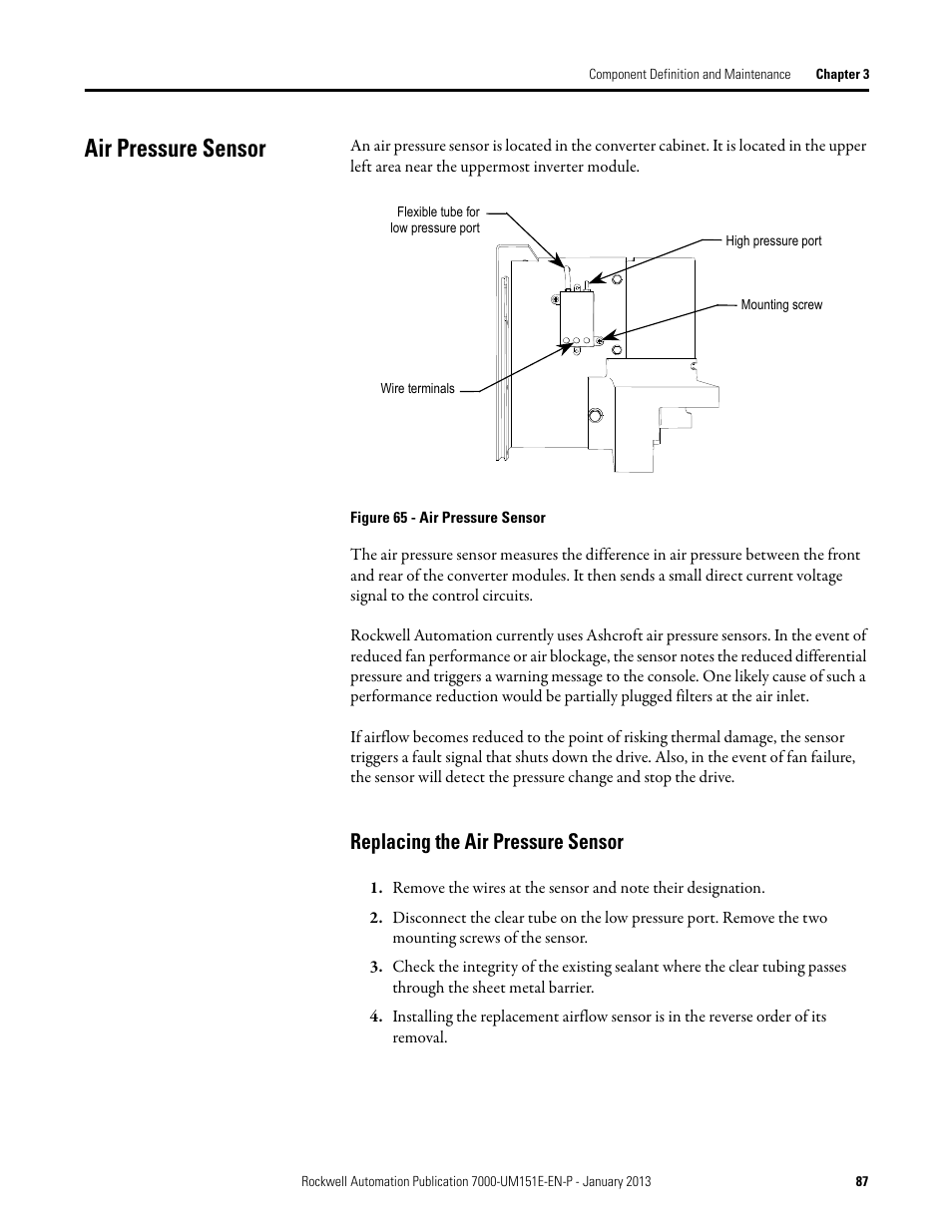 Air pressure sensor, Replacing the air pressure sensor | Rockwell Automation 7000 PowerFlex Medium Voltage AC Drive (B Frame) - ForGe Control (PanelView 550) User Manual | Page 87 / 290