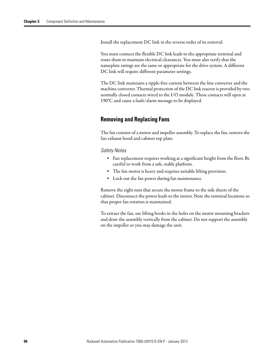 Removing and replacing fans, Safety notes | Rockwell Automation 7000 PowerFlex Medium Voltage AC Drive (B Frame) - ForGe Control (PanelView 550) User Manual | Page 94 / 290