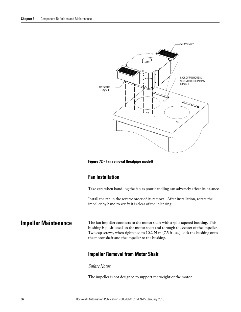 Fan installation, Impeller maintenance, Impeller removal from motor shaft | Safety notes | Rockwell Automation 7000 PowerFlex Medium Voltage AC Drive (B Frame) - ForGe Control (PanelView 550) User Manual | Page 96 / 290