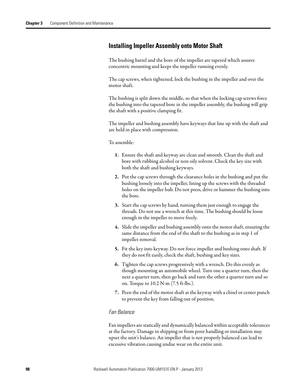 Installing impeller assembly onto motor shaft, Fan balance | Rockwell Automation 7000 PowerFlex Medium Voltage AC Drive (B Frame) - ForGe Control (PanelView 550) User Manual | Page 98 / 290