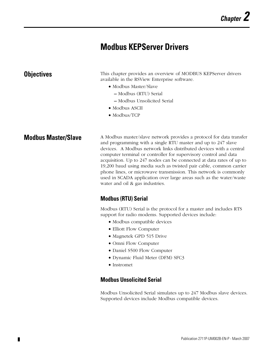 2 - modbus kepserver drivers, Objectives, Modbus master/slave | Chapter 2, Modbus kepserver drivers, Objectives modbus master/slave, Modbus (rtu) serial modbus unsolicited serial | Rockwell Automation 2711P Creating Modbus Applications User Manual | Page 11 / 92