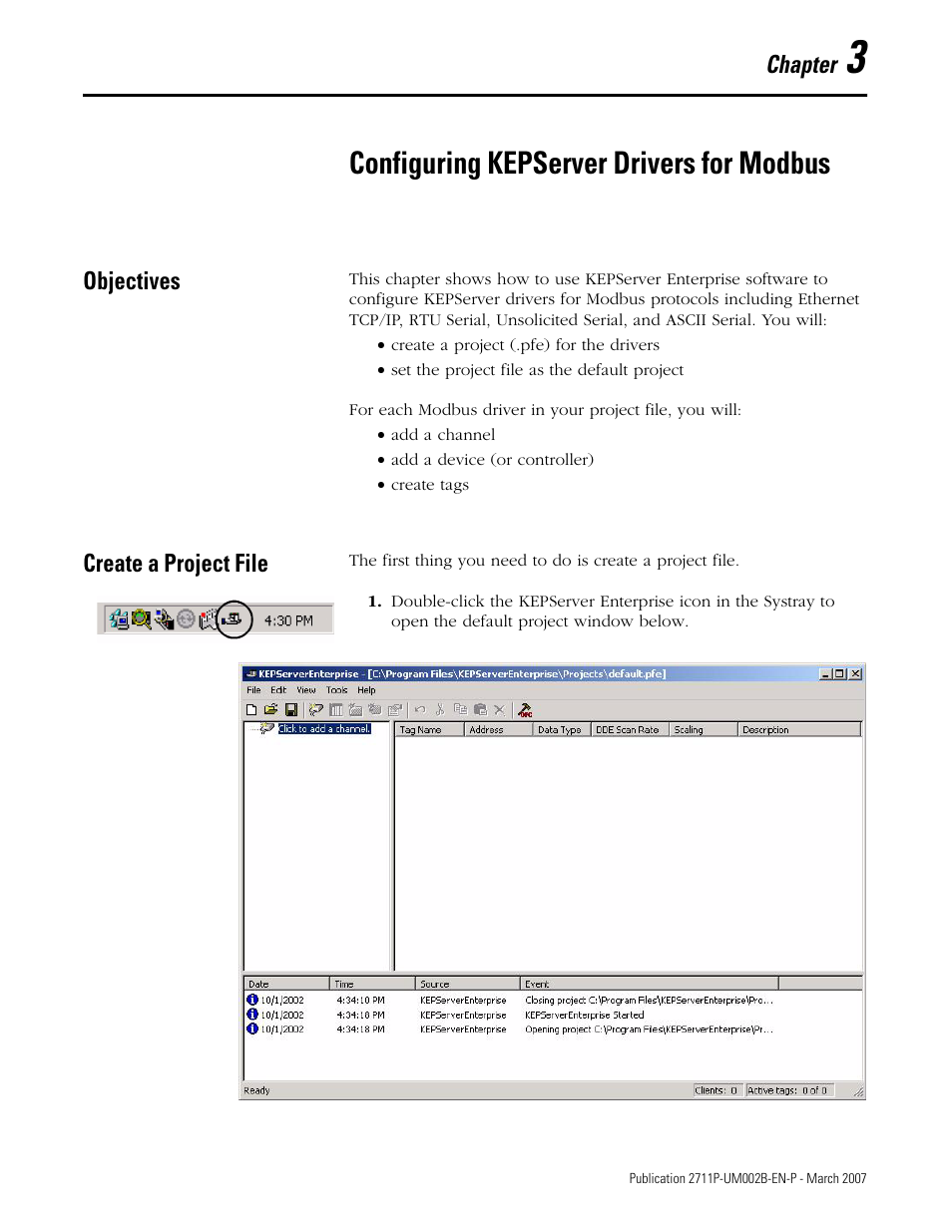 3 - configuring kepserver drivers for modbus, Objectives, Create a project file | Chapter 3, Configuring kepserver drivers for modbus, Objectives create a project file | Rockwell Automation 2711P Creating Modbus Applications User Manual | Page 15 / 92