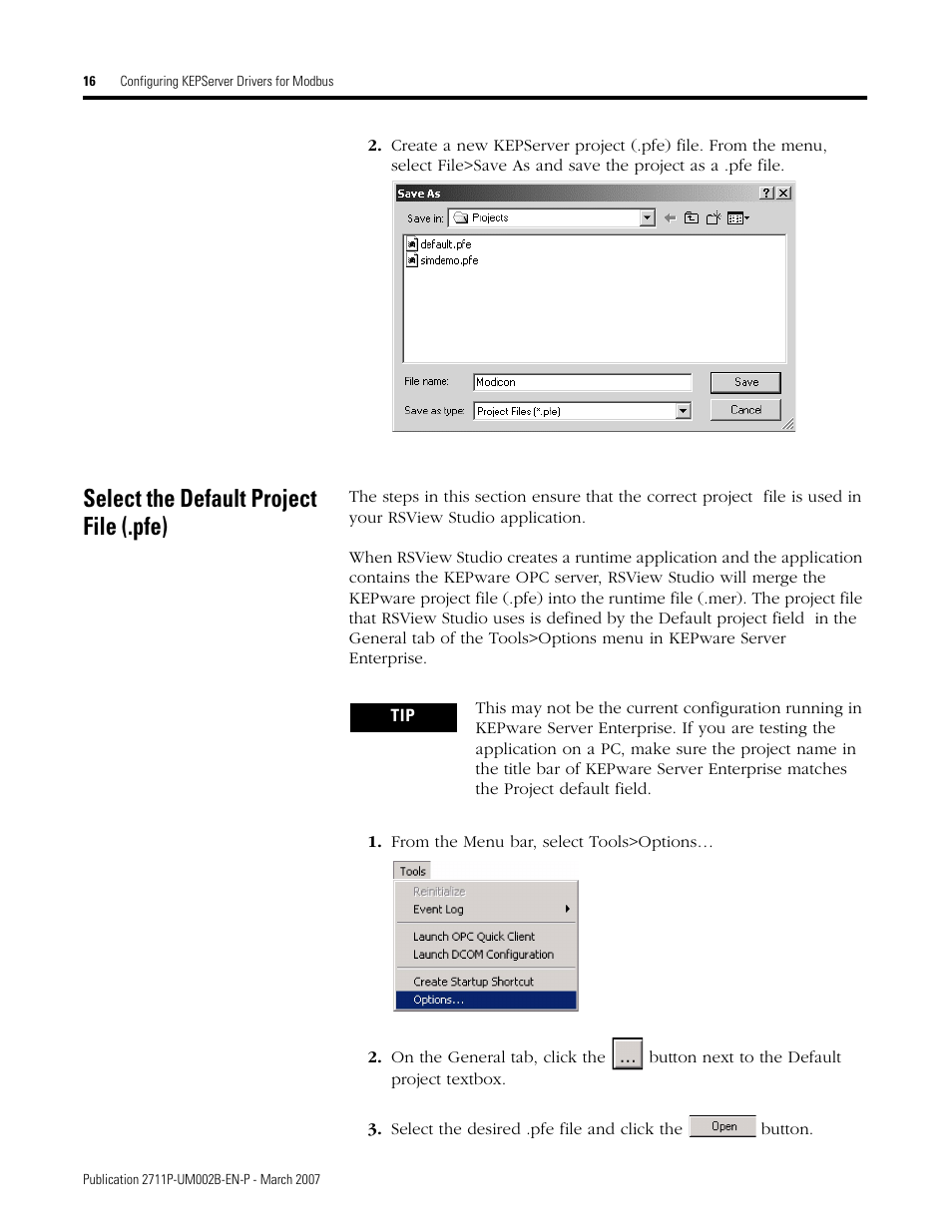 Select the default project file (.pfe) | Rockwell Automation 2711P Creating Modbus Applications User Manual | Page 16 / 92