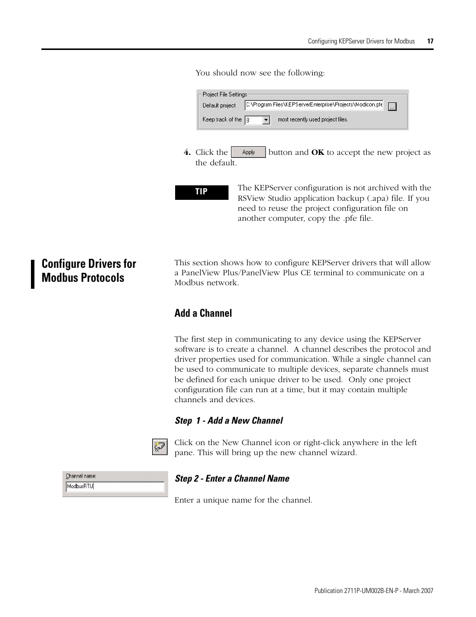 Configure drivers for modbus protocols, Add a channel | Rockwell Automation 2711P Creating Modbus Applications User Manual | Page 17 / 92