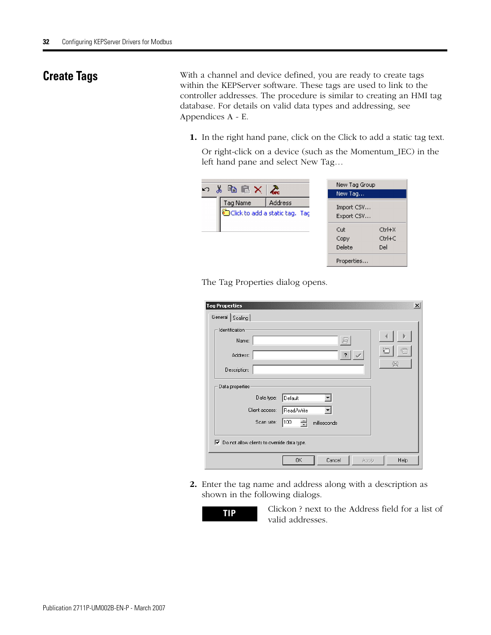 Create tags | Rockwell Automation 2711P Creating Modbus Applications User Manual | Page 32 / 92