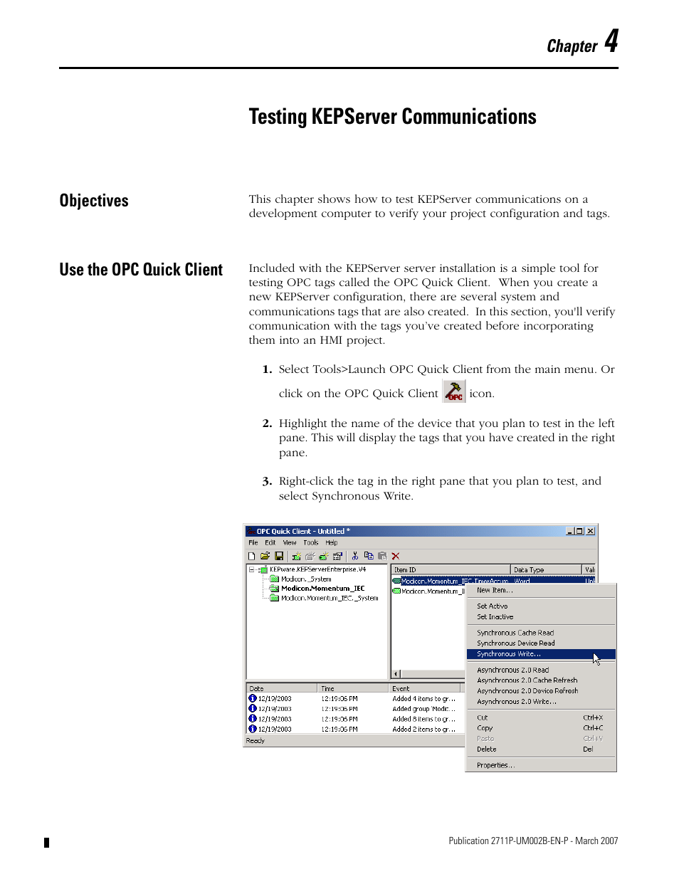 4 - testing kepserver communications, Objectives, Use the opc quick client | Chapter 4, Testing kepserver communications, Objectives use the opc quick client, Chapter | Rockwell Automation 2711P Creating Modbus Applications User Manual | Page 35 / 92