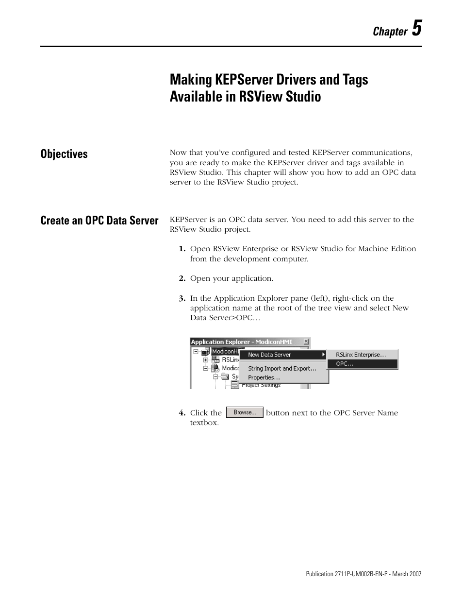 Objectives, Create an opc data server, Chapter 5 | Objectives create an opc data server, Chapter | Rockwell Automation 2711P Creating Modbus Applications User Manual | Page 37 / 92