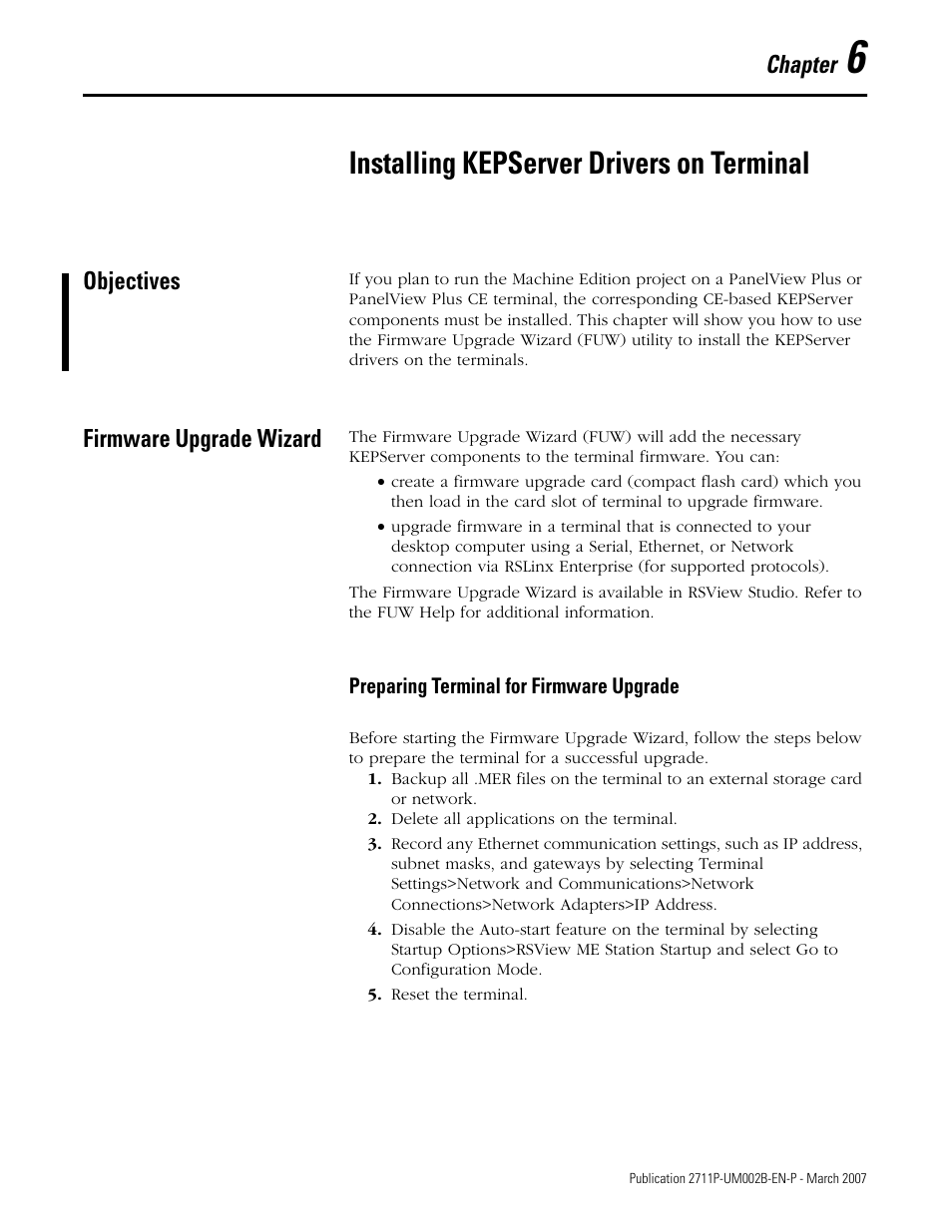 6 - installing kepserver drivers on terminal, Objectives, Firmware upgrade wizard | Chapter 6, Installing kepserver drivers on terminal, Objectives firmware upgrade wizard, Preparing terminal for firmware upgrade, Chapter | Rockwell Automation 2711P Creating Modbus Applications User Manual | Page 41 / 92