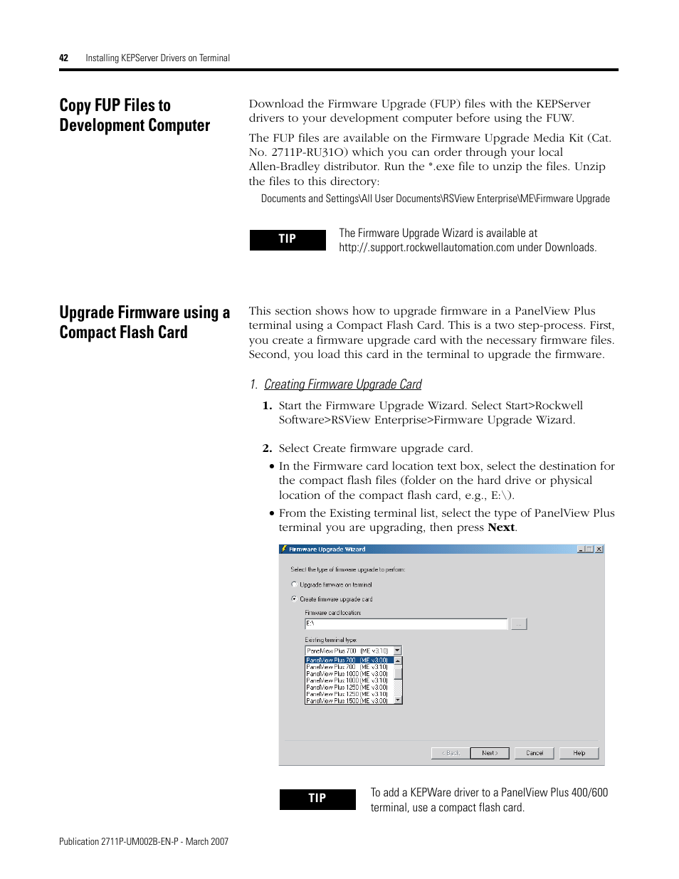 Copy fup files to development computer, Upgrade firmware using a compact flash card | Rockwell Automation 2711P Creating Modbus Applications User Manual | Page 42 / 92